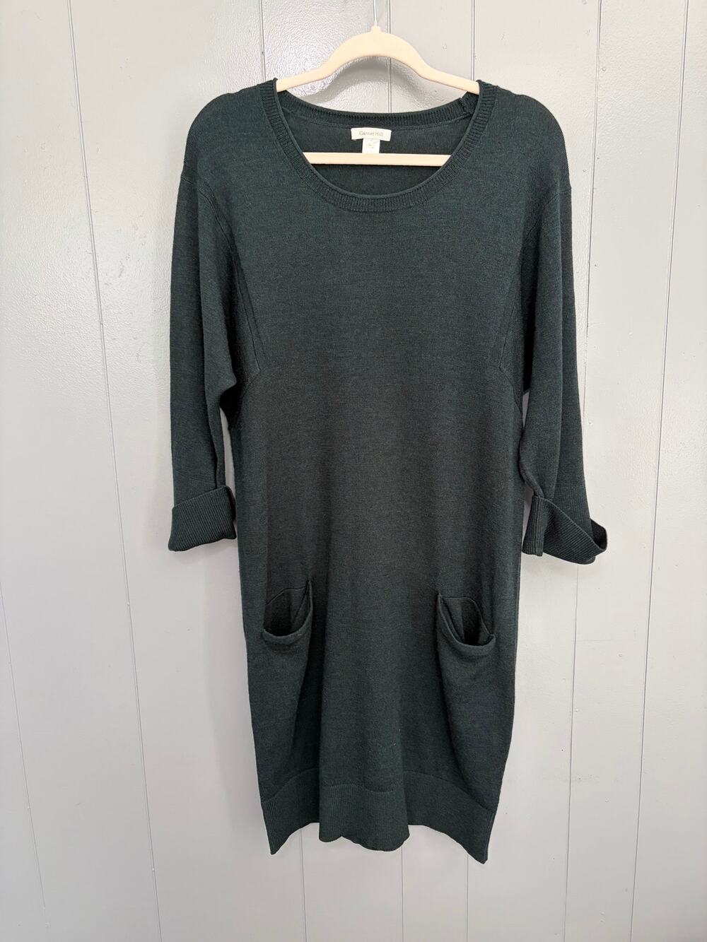 Garnet Hill Forest Green Merino Wool Dolman Sleeve Relaxed Fit Sweater Dress L